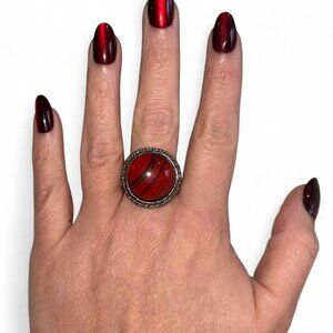 Vintage Red black bloodstone striped stone ring adjustable bronze tone